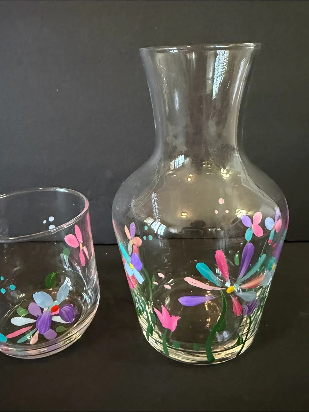 Vintage Tumble Up Bedside Carafe Drinking Glass Hand Blown? Hand Painted Floral